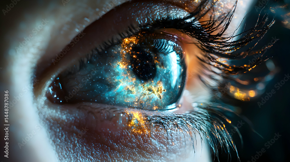 Poster a close-up of an eye filled with a galaxy. a visually stunning and captivating image. perfect for fa