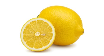 Fresh Yellow Lemons with Green Leaves on White Background