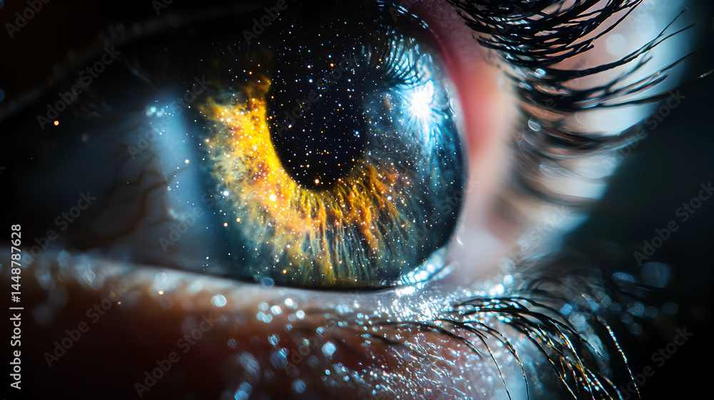 Poster a close up of an eye showing the universe in the iris. stunning visuals suggest introspection explor
