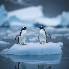 Obraz premium Two Gentoo Penguins on Ice Floe in Antarctica