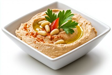 Bowl of hummus with a garnish of parsley and a sprinkle of nuts