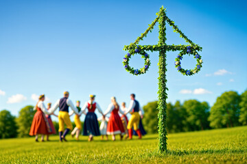Swedish Midsummer Celebration Festival Maypole and People in Background Dancing and Celebrating Summer Solstice in Sweden