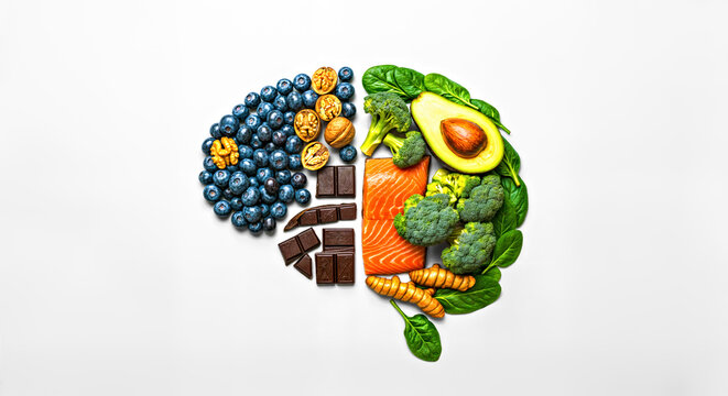 Brain Shape made From Healthy Food for Brains such as Salmon Leafy Greens Walnuts Broccoli Blueberries Turmeric  and Dark Chocolate, Flat Lay Composition with White Empty Background