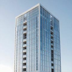 A modern apartment tower with floor-to-ceiling windows, sleek facade.