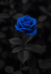 Sapphire serenity: a vividly colored rose amidst muted foliage creating a dramatic floral portrait offering tranquility and a touch of mystery, highlighting its intricate petals