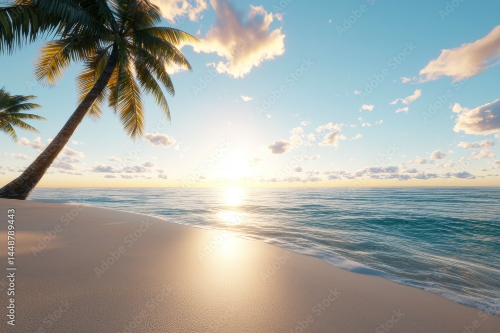Poster beautiful beach scene with a palm tree and the sun setting in the background