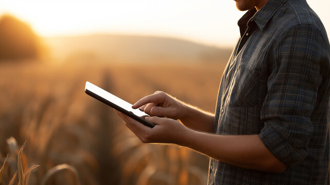 Farmer using tablet in cornfield at sunset analyzing ai data, symbolizing innovation in agriculture and smart farming