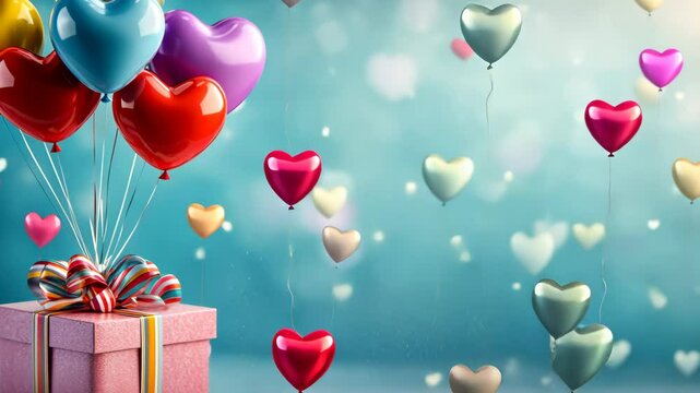 Colorful heart balloons ascend from gift box on festive blue background