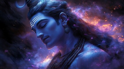 A blue skinned man with hair is facing to the left with eyes closed. He has markings on his forehead and is wearing ear jewelry. A necklace covers the upper part of his torso