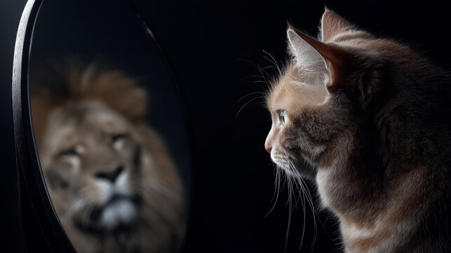 Confident cat gazing into mirror, reflection transforming into majestic lion, symbolizing inner strength and potential