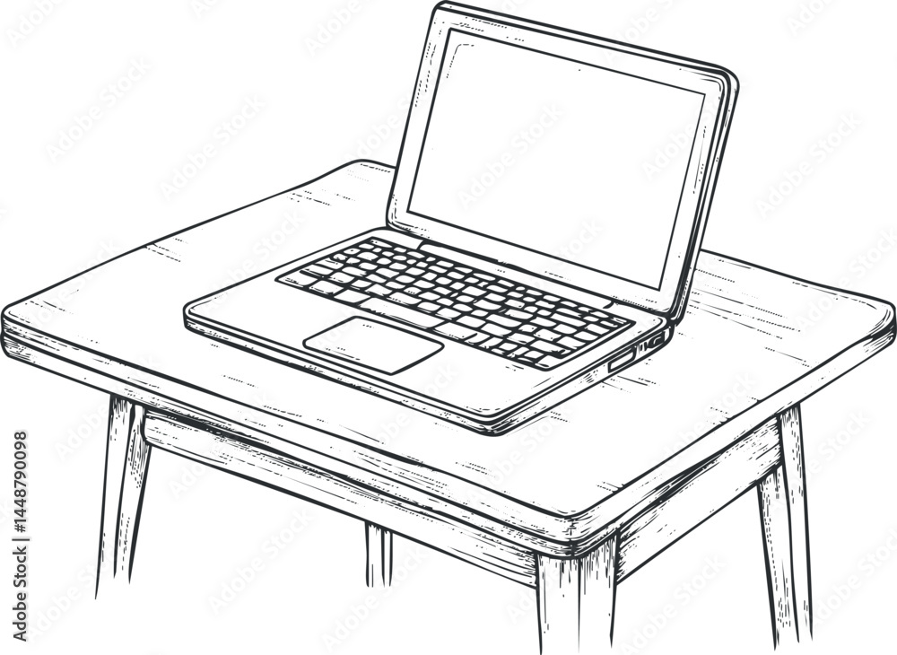 Poster black and white sketch of a laptop computer placed on a simple wooden table, illustrating technology