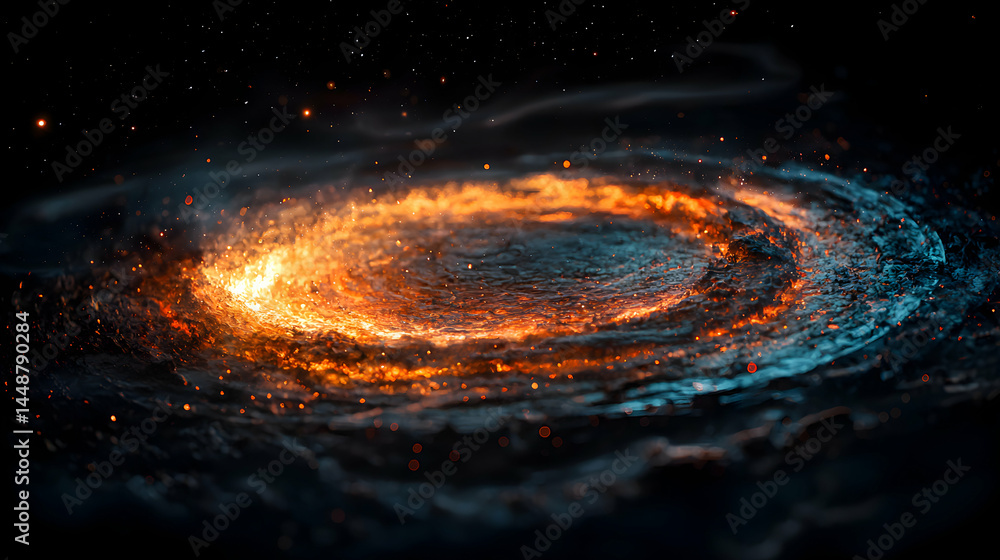 Poster an abstract depiction of a fiery galaxy swirling in deep space. great for sci-fi book covers or back