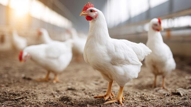 Broiler chickens feeding in clean commercial farm environment, showcasing optimal nutrition and livestock care standards