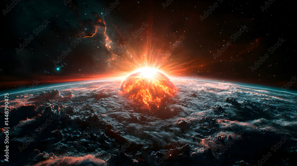 Poster epic cosmic scene of a planet exploding surrounded by stars nebulae and space dust. great for scienc