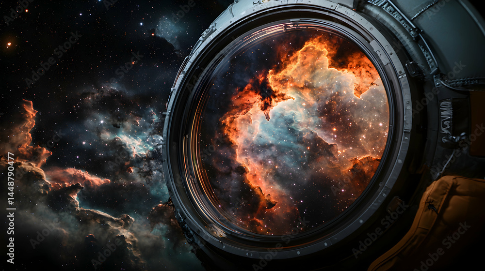 Poster a breathtaking view of a nebula seen through a spacecraft's window. perfect for space enthusiasts or