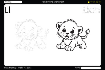 L. Cute Lion Coloring Page for Kids. Printable Vocabulary Builder. Educational Vector Worksheet
