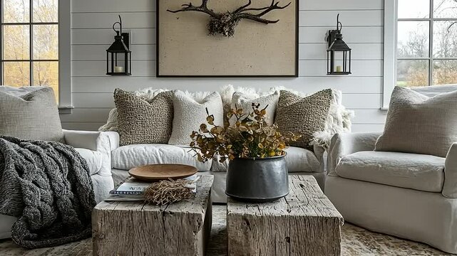 Cozy living room with neutral tones, natural materials, and rustic decor