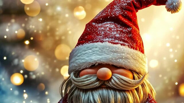 Santa claus gnome joyfully embracing winter magic with sparkling snowflakes and golden lights