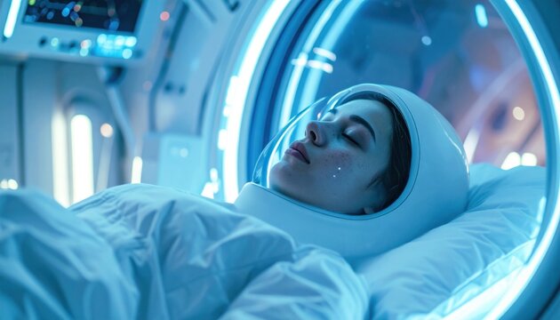 Woman in futuristic cryosleep chamber undergoing space hibernation in a high-tech facility