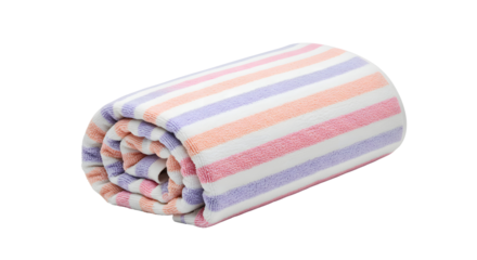 Rolled pastel striped beach towel on transparent background