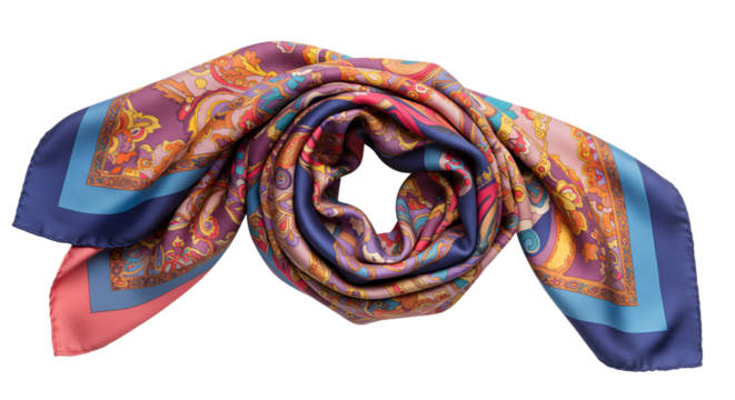 Colorful silk scarf loosely rolled on transparent background