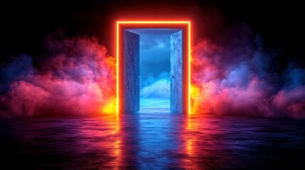 Neon portal door in smoky environment