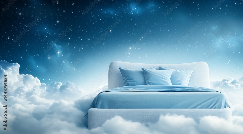 Canvas Prints bed is floating in the clouds with a blue comforter and white pillows