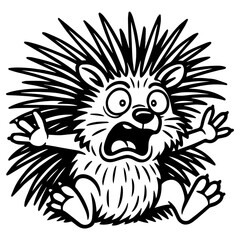 Fototapeta premium Cartoon porcupine with wide eyes, open mouth, raised arms and sharp quills in a scared expression, black and white vector illustration
