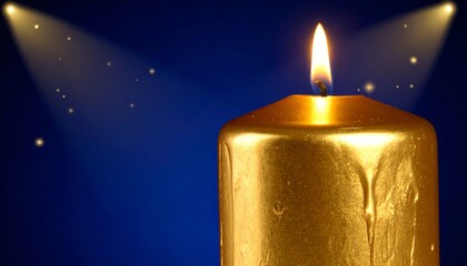 Golden candle illuminating blue background with glowing lights