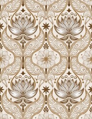 Ornamental Lotus Flower Damask Pattern in Sepia Tones