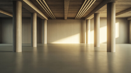 Fototapeta premium Soft sunlight streaming through spacious industrial loft, revealing concrete columns, exposed metal ductwork, minimalist interior design