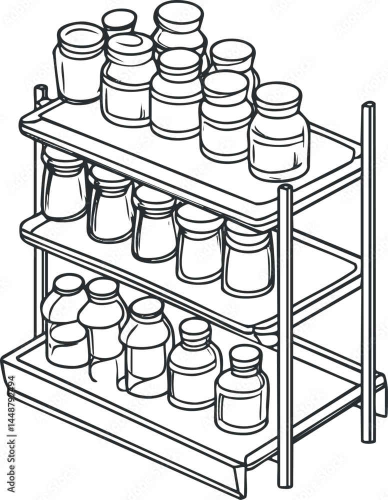 Aufkleber three-tier shelf rack filled with various empty jars and containers organized in rows for kitchen or