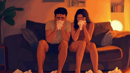 Health challenged couple nestling together on home couch, sharing tissues while experiencing seasonal influenza, supporting one another during viral infection discomfort - Powered by Adobe