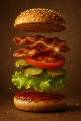 Flying Bacon Burger Ingredients with Lettuce, Tomato, Pickles, and Ketchup on Sesame Bun – Isolated Floating Layers in Midair on Brown Background, Fast Food Concept