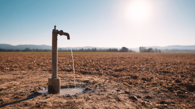 Fototapeta Water trickling from an irrigation well onto dry soil in a rural agricultural field, representing drought and water scarcity