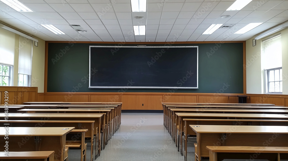 Poster classroom interior with desks and blackboard for educational background and learning environment vie