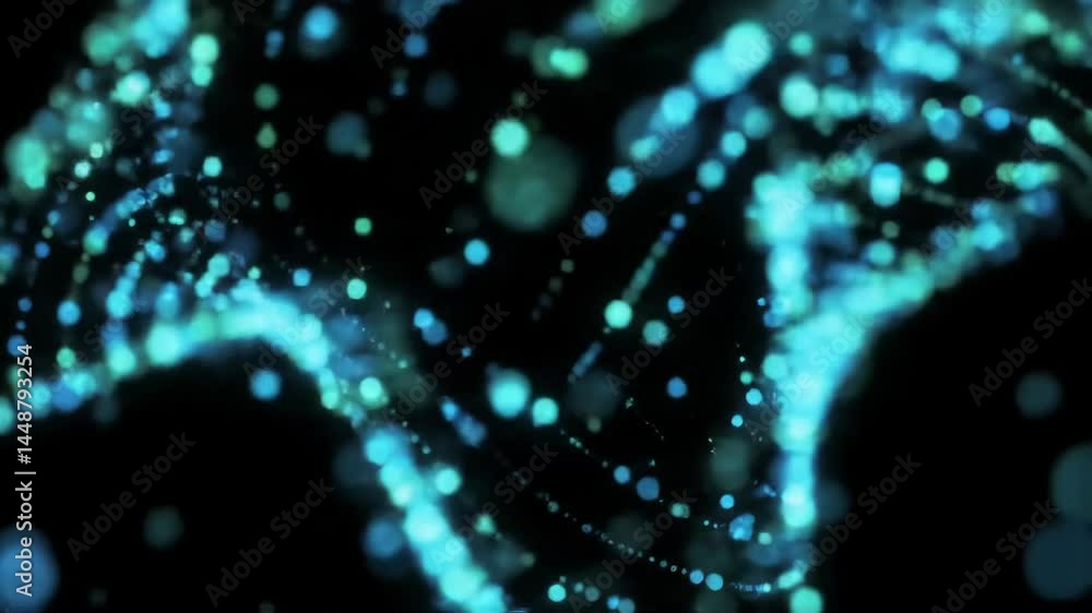 Poster flowing abstract particles moving in slow motion on black background