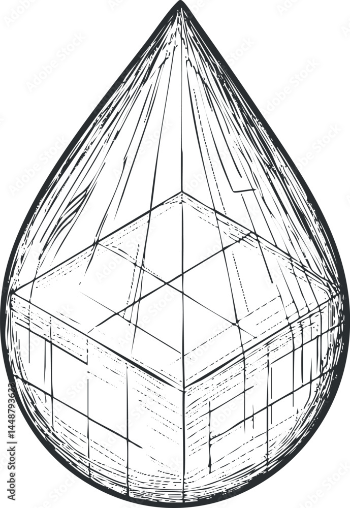 Poster black and white sketch of a transparent water drop containing a geometric cube shape inside, abstrac