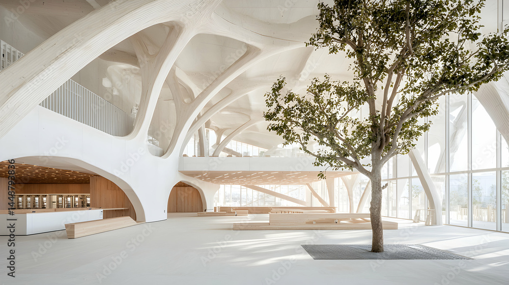 Poster modern interior showcases organic architecture. its unique design is perfect for public spaces creat
