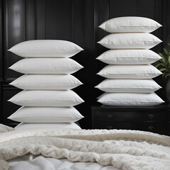 Elegant bedroom arrangement featuring a stack of crisp white pillows on dark furniture