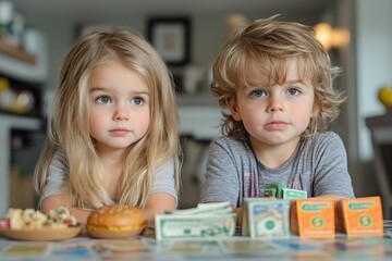 Children engaging with money and treats at home playful environment view