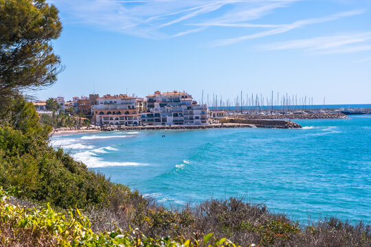 Mediterranean sea waves crashing on the shore near comarruga, spain