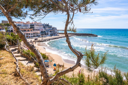Mediterranean sea waves crashing on the shore near comarruga, spain
