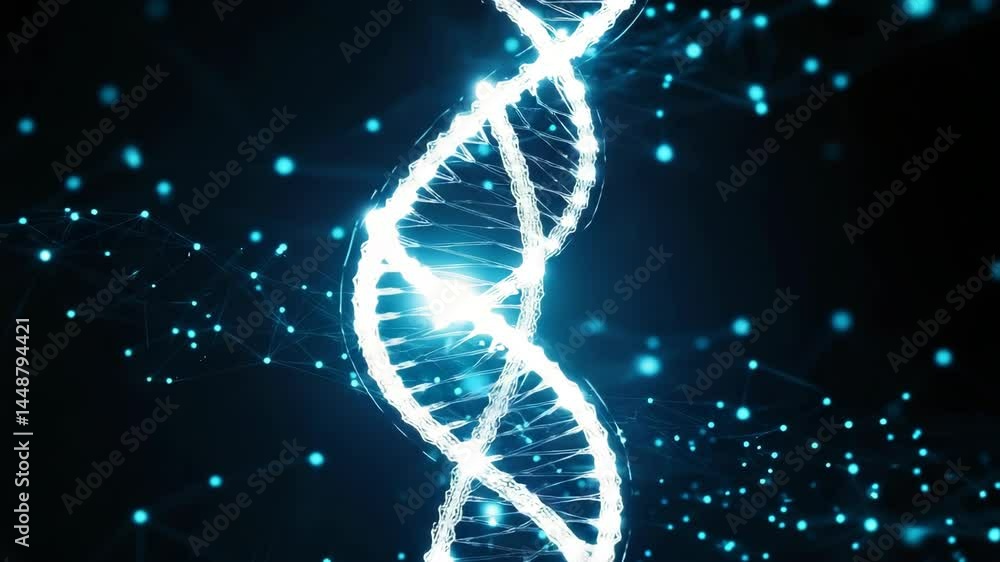 Poster glowing dna strand animation surrounded by connected light dots in a dark environment, representing 
