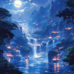 Obraz premium Moonlit Waterfalls and Cliffs with Birds and Fire in a Dreamy Landscape
