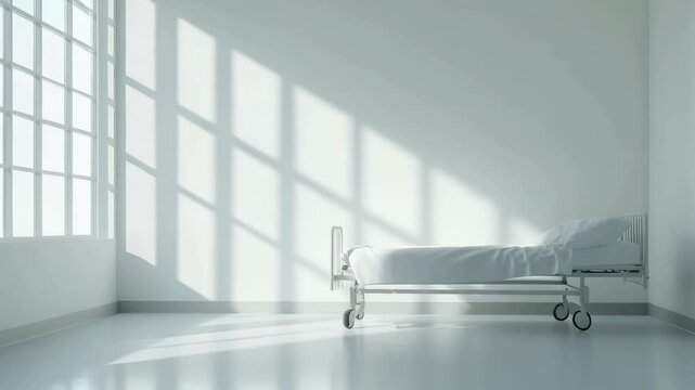Bright sunlight filtering through wide hospital window, casting elongated shadows across pristine white room, highlighting empty adjustable bed signaling potential healing journey