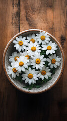 Obraz premium Fresh chamomile flowers resting in ceramic bowl on wooden table