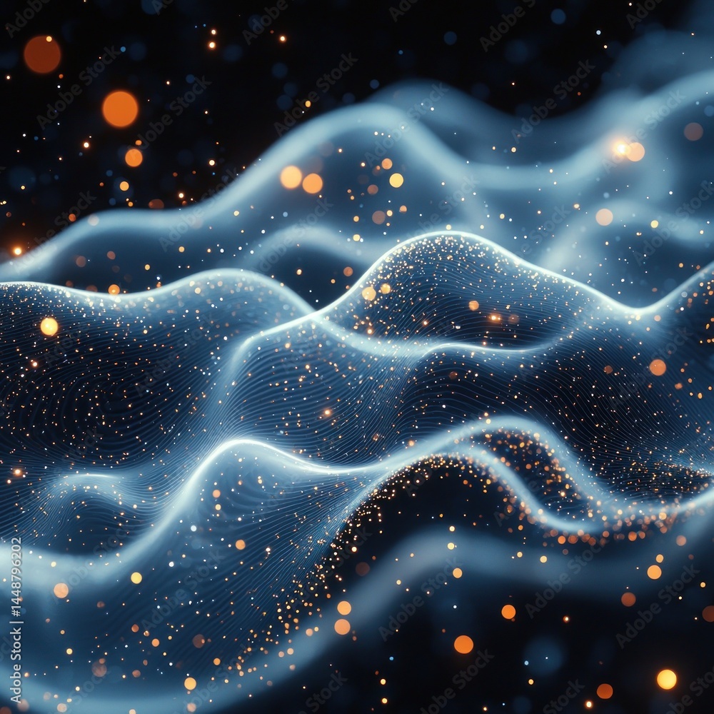 Poster abstract glowing wavy lines with sparkling particles for modern technology