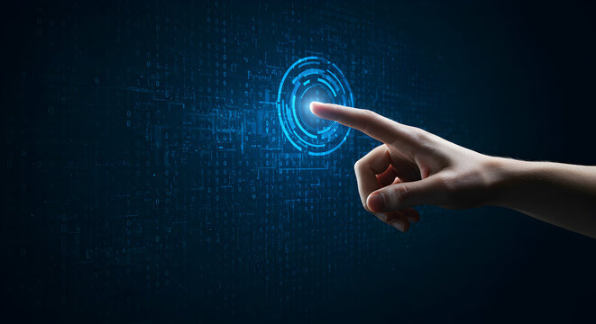 Touchscreen technology concept finger pressing digital button future interface innovation ai iot cyber