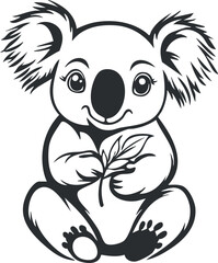 Cute black and white cartoon illustration of a koala holding a leaf sitting facing forward